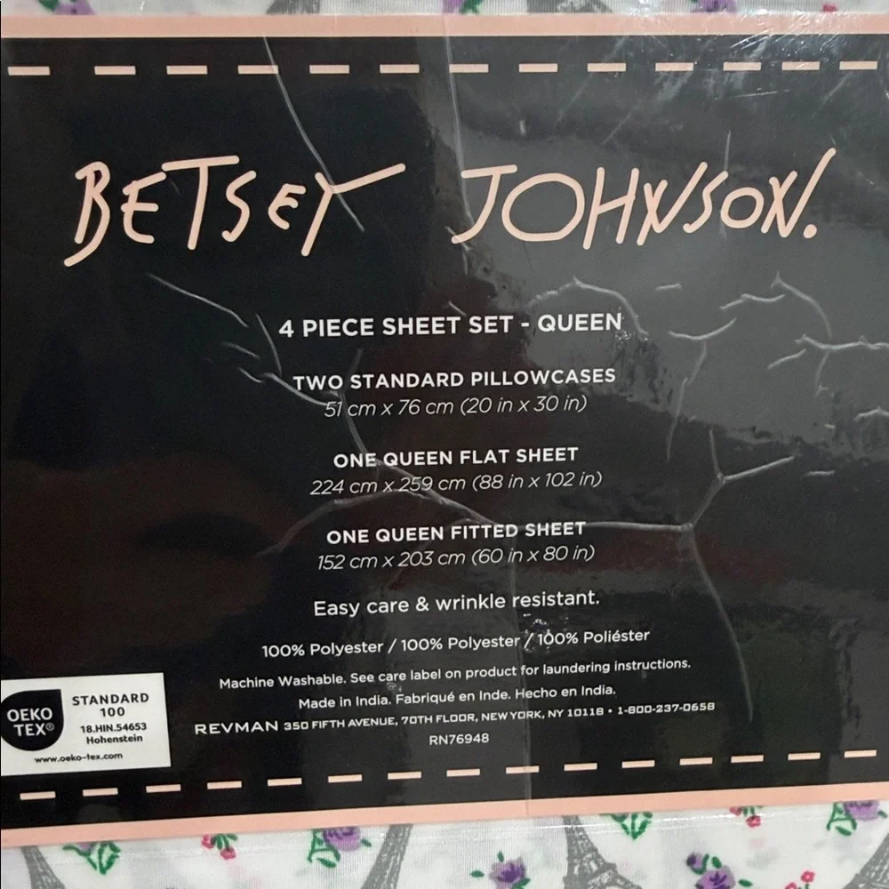 Betsey Johnson White /Gray Eiffel Tower & Purple Floral Print QUEEN Sheet Set